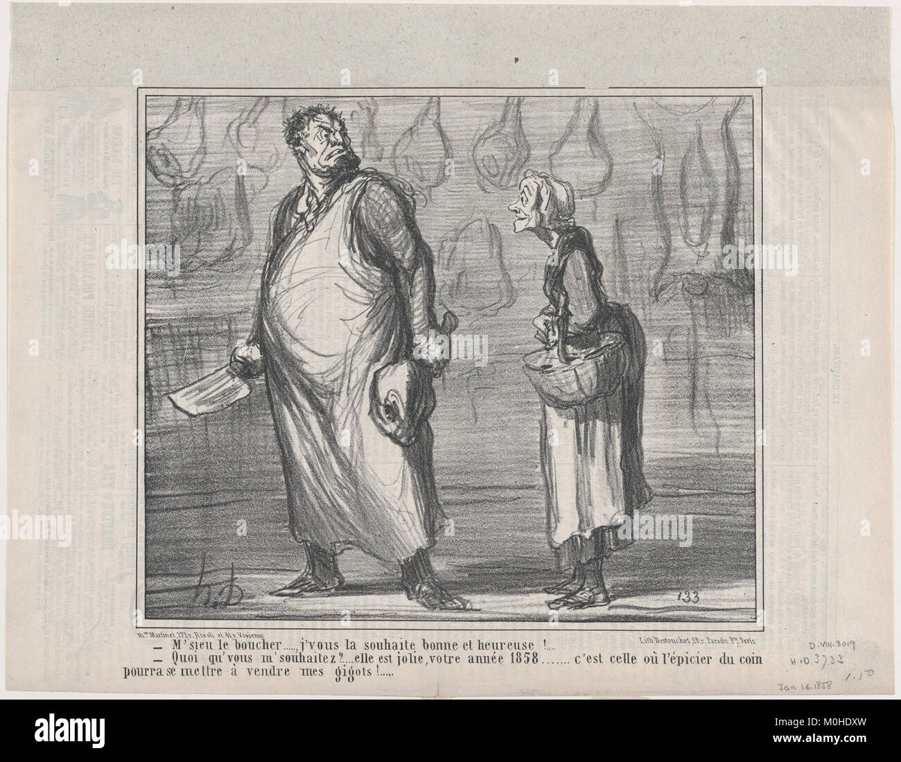 Questo cartone satirico di le Charivari, pubblicato nel gennaio 1858, affronta umoristicamente le questioni sociali e la politica nella Francia del XIX secolo. Foto Stock