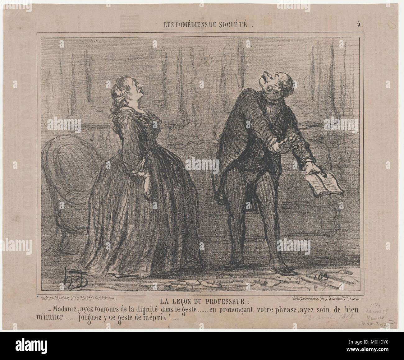 Un cartone animato satirico intitolato "la facon du professeur", pubblicato nel 1858 su "le Charivari", che illustra una scena umoristica in classe tipica della caricatura francese del XIX secolo. Foto Stock