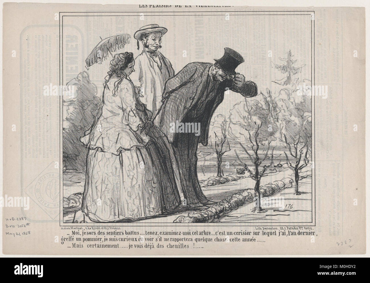 Una litografia satirica intitolata "Les Plaisirs de la Villégiature" pubblicata su le Charivari il 21 maggio 1858, raffigurante commenti umoristici sul tempo libero e la società nella Francia della metà del XIX secolo. Foto Stock