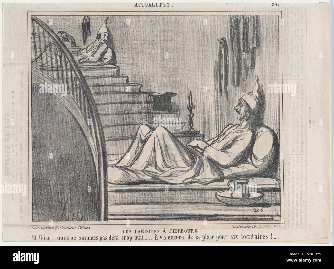 Litografia di Honoré Daumier intitolata "Les Parisiens à Cherbourg", pubblicata su le Charivari nell'agosto 1858. L'opera raffigura umoristicamente i parigini in visita a Cherbourg, riflettendo la satira francese del XIX secolo e il commento sociale. Foto Stock