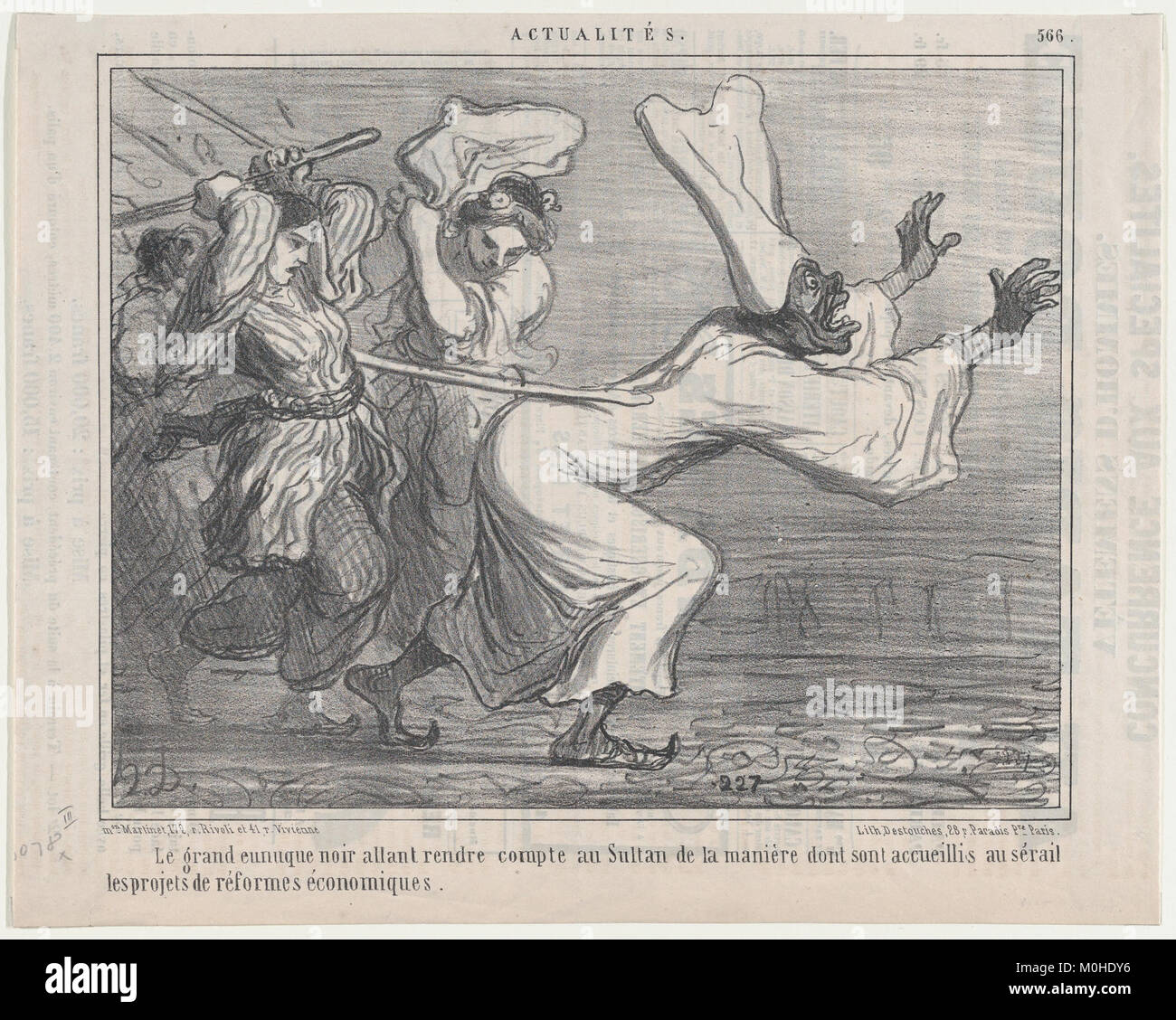 Una caricatura del 1858 da "le Charivari" che illustra un eunuco nero che riporta al Sultano, che riflette le rappresentazioni satiriche francesi del XIX secolo della politica e della società. Foto Stock