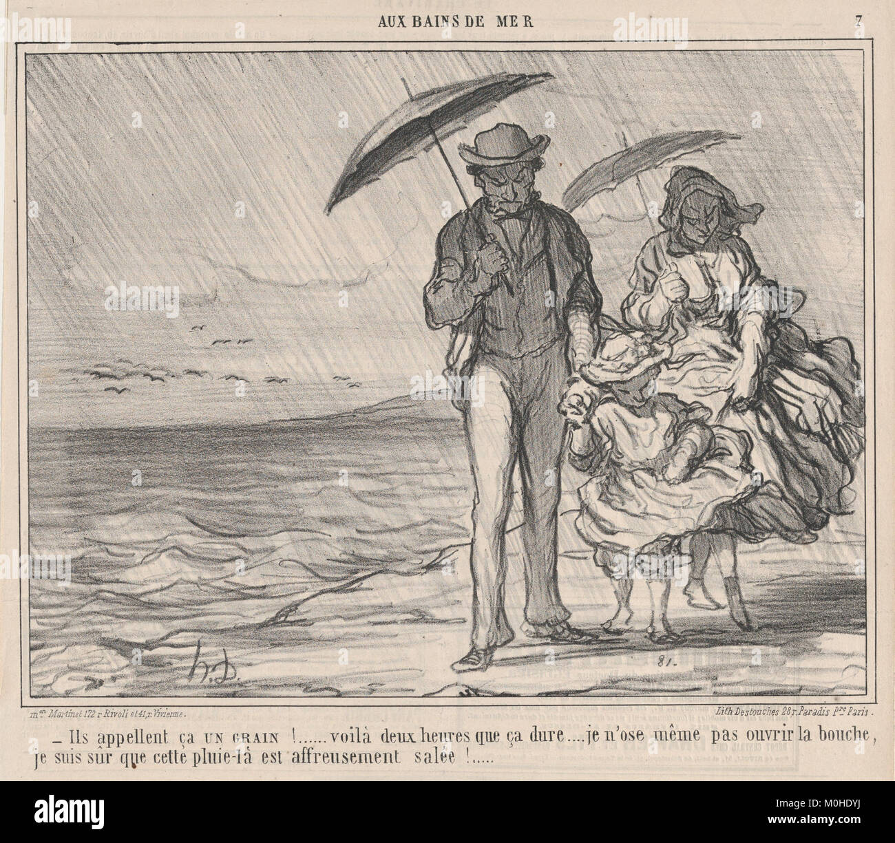 La litografia "ILS appellent ca un GRAIN!..." Da 'Aux Bains de Mer', pubblicato su *le Charivari* il 19 settembre 1859, ritrae umoristicamente il tempo libero e le scene sociali in riva al mare nella Francia del XIX secolo. Foto Stock