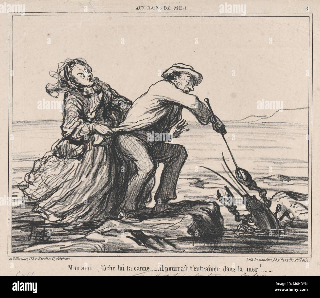 Una litografia intitolata "Mon ami..., lâche lui ta canne..." Dalla serie 'Aux Bains de Mer', pubblicata sul giornale satirico francese *le Charivari* il 28 settembre 1859. L'opera raffigura umoristicamente la vita sociale del mare nella Francia del XIX secolo. Foto Stock
