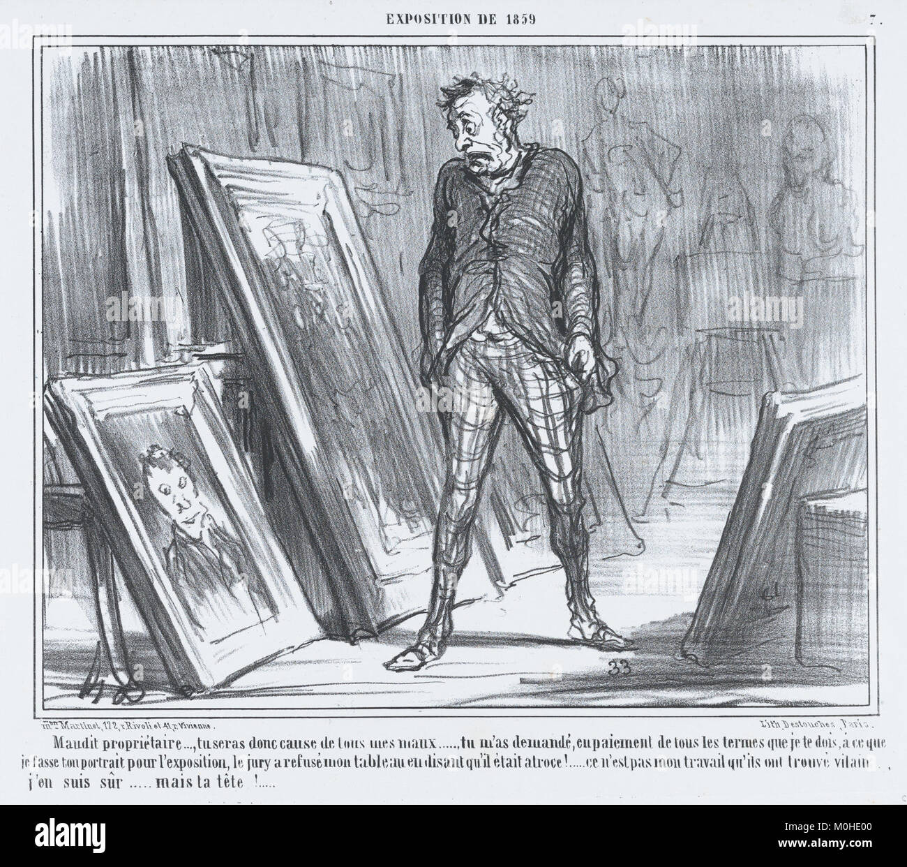 Litografia intitolata "Maudit propriétaire..., tu seras donc cause de tous mes maux..." Da l'Exposition de 1859, pubblicato su le Charivari il 26 aprile 1859. L'opera satirica di Honoré Daumier commenta le questioni sociali e immobiliari nella Francia del XIX secolo. Foto Stock