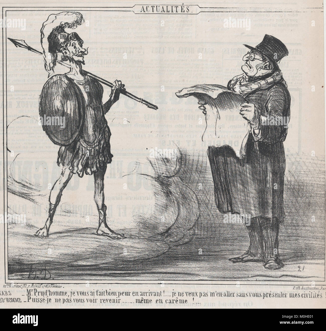 Litografia intitolata 'Marte... Je vous ai fait bien peur..." Dalla serie Actualités, pubblicata su le Charivari il 20 luglio 1859. Creato da Honoré Daumier, satira di temi militari e politici nella Francia del XIX secolo. Foto Stock