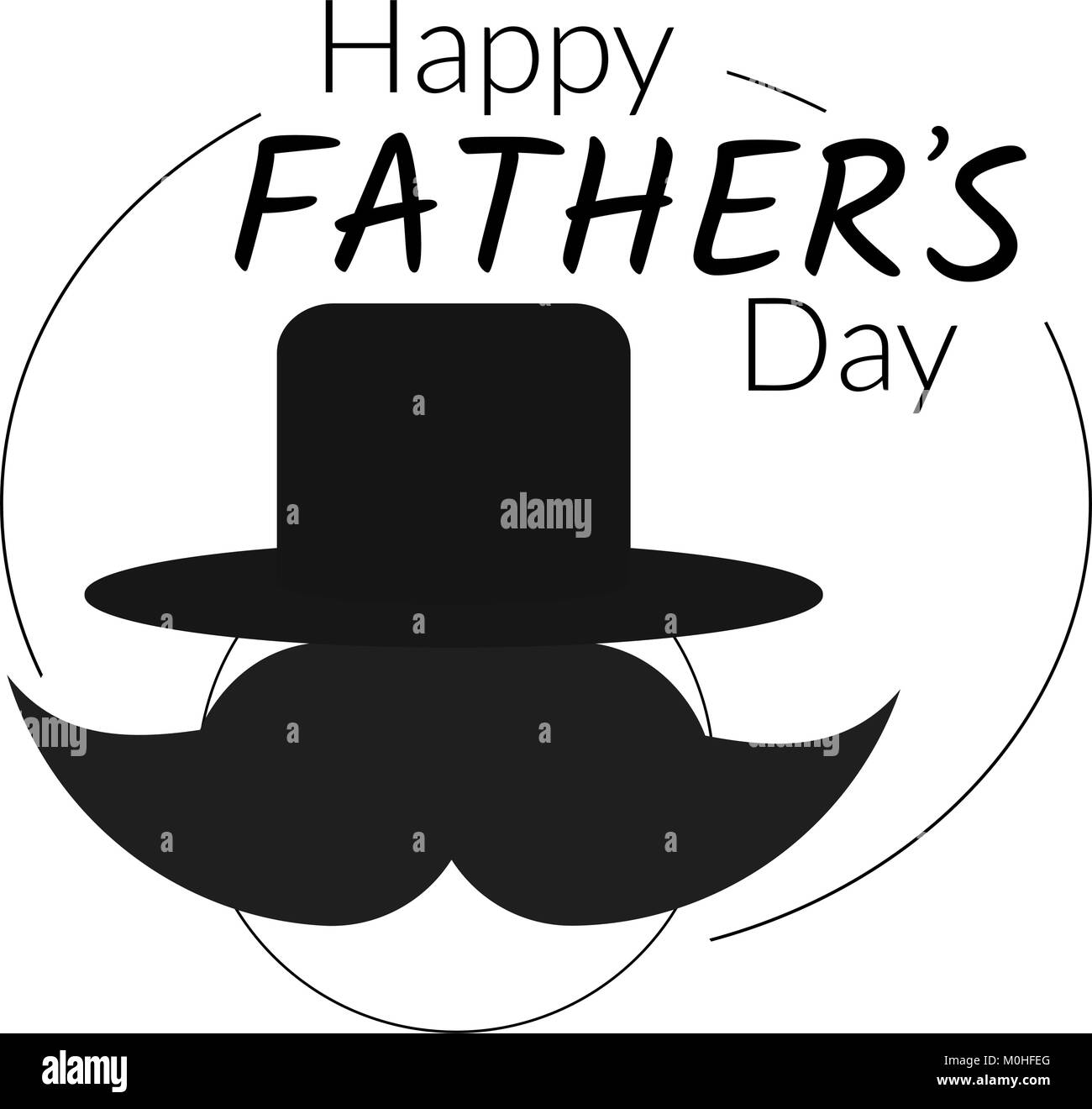 Padre Felice giorno del logo di saluto. Scheda vettore illustrazione con testo di congratulazioni, baffi e top hat isolati su sfondo bianco Illustrazione Vettoriale