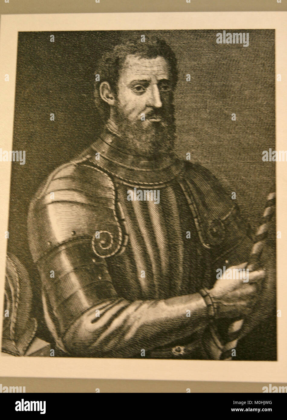 Giovanni da Verrazzano ritratto in bianco e nero di indossare la corazza (1485-1528), l'immigrazione, Museo di Ellis Island, Upper New York Bay, New York City, Nuova Y Foto Stock