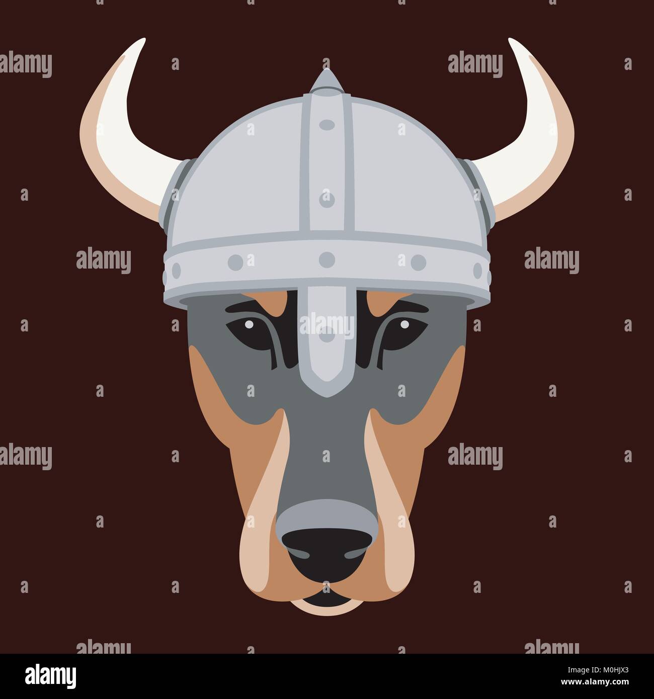 Dog Face nel casco viking illustrazione vettoriale in stile appartamento vista anteriore Illustrazione Vettoriale