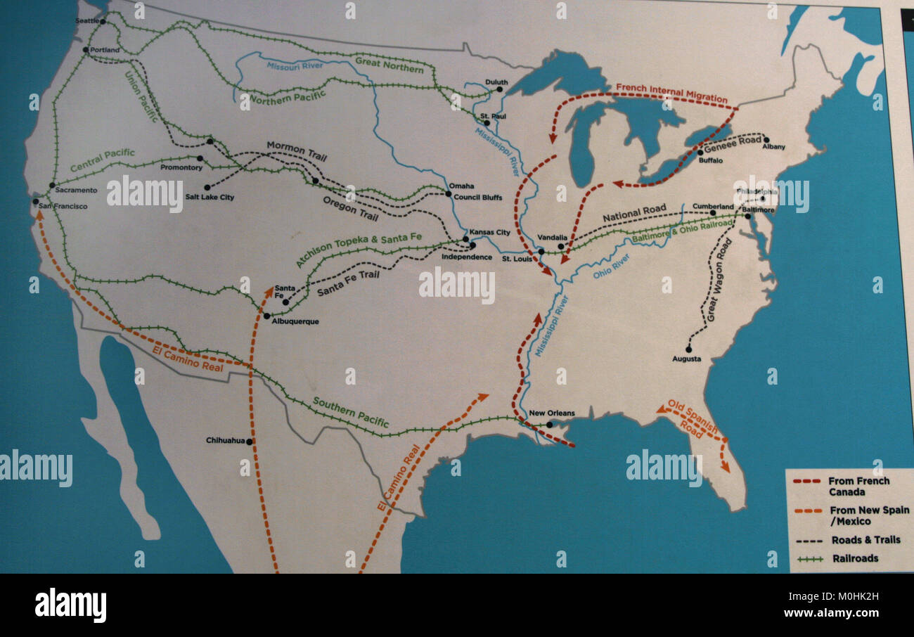 Migrante Mappa ferroviaria, Immigrazione, Museo di Ellis Island, Upper New York Bay, la città di New York, nello Stato di New York, Stati Uniti d'America. Foto Stock