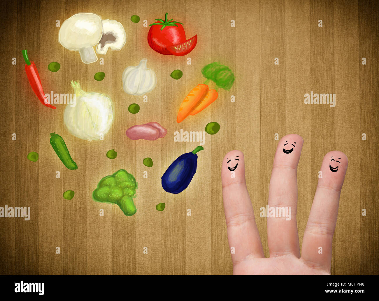 Felice Smiley face dita allegramente guardando illustrazione di coloratissimi ortaggi sani Foto Stock
