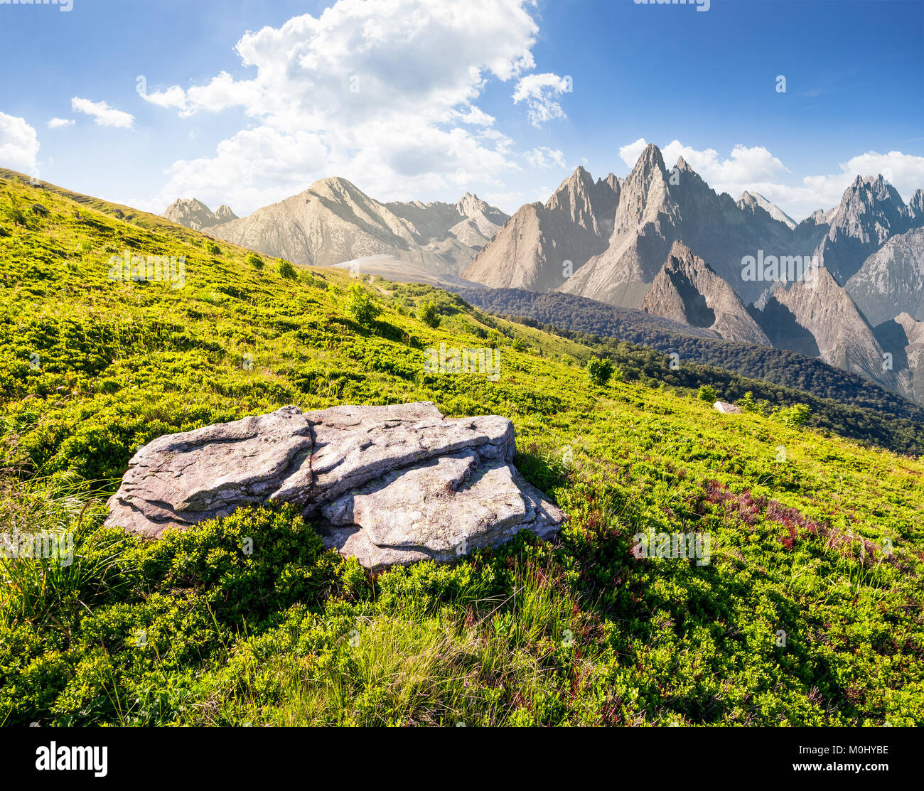 Composito di prato erboso e montagne rocciose. bellissimo paesaggio irrealistiche in estate Foto Stock
