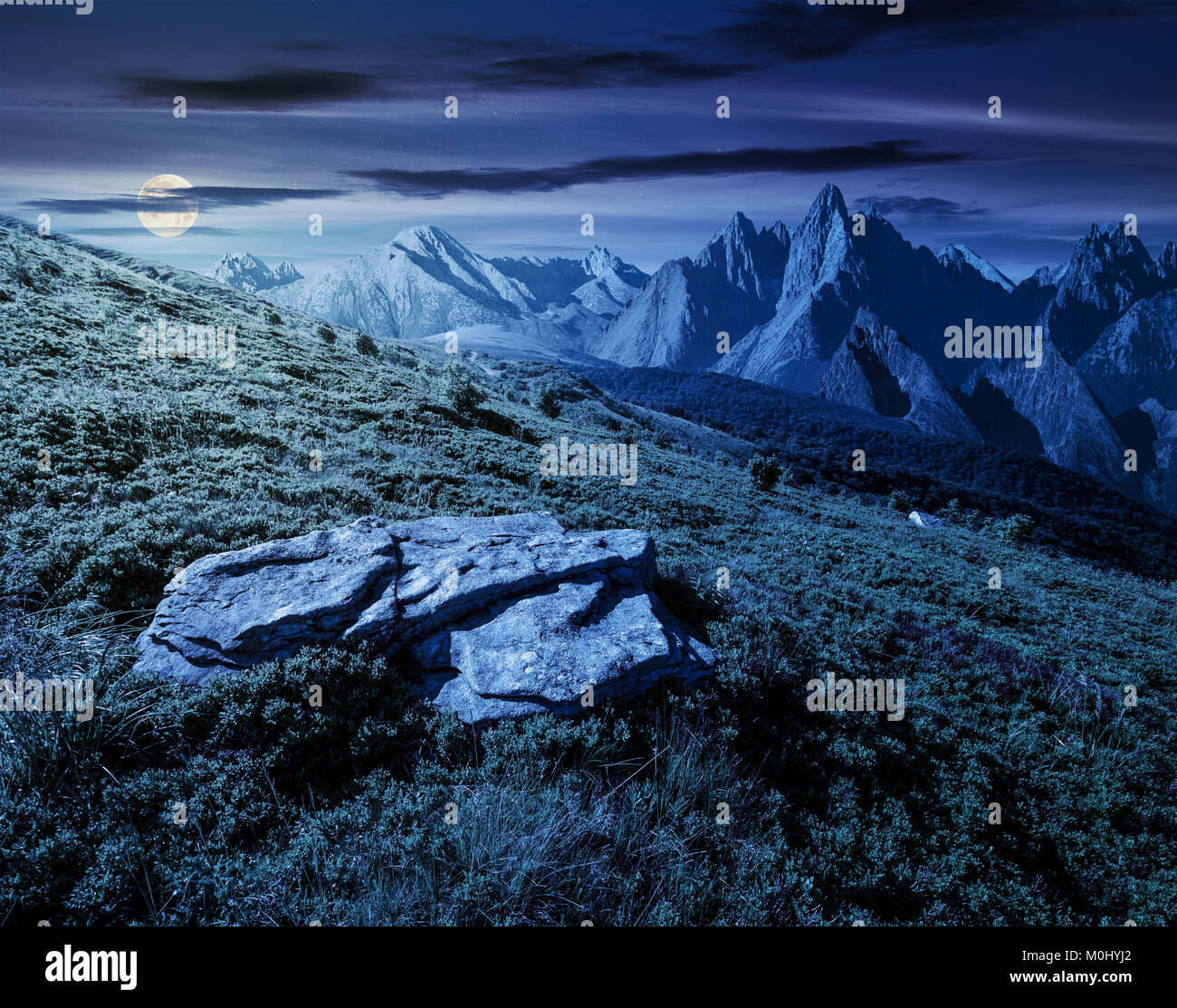 Composito di prato in montagne rocciose nella notte di luna piena luce. bellissimo paesaggio irrealistiche in estate Foto Stock