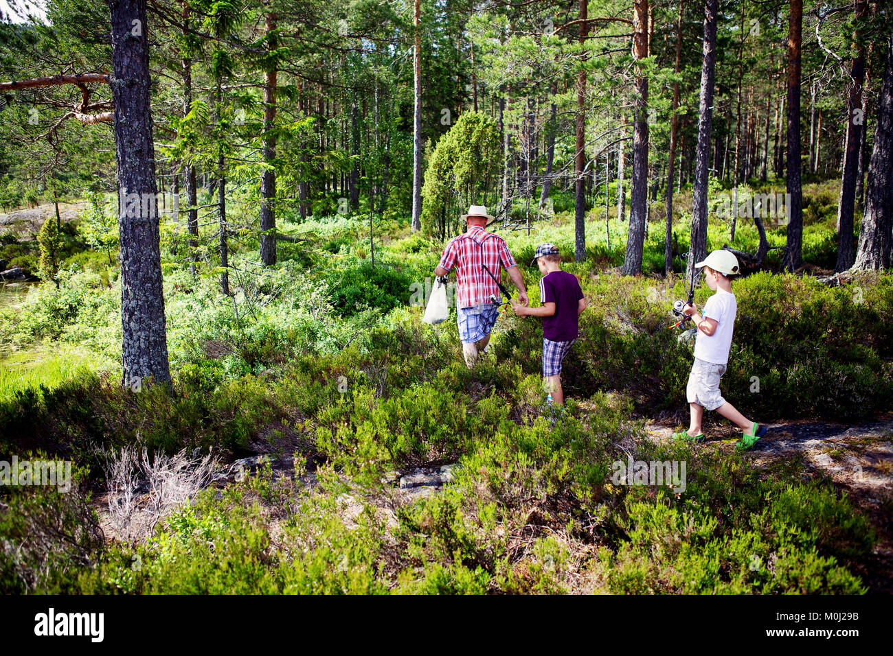 Nonno e nipoti sono a piedi su un sentiero di bosco con attrezzatura da pesca in Norvegia. Foto Stock