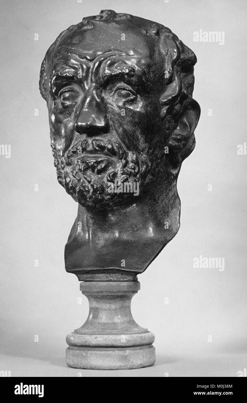 Scultura in bronzo intitolata "Mask of the Man with the Broken Nose" di Auguste Rodin, creata nel 1863-64. L'opera segna uno studio precoce del realismo nella scultura ritrattistica. Foto Stock