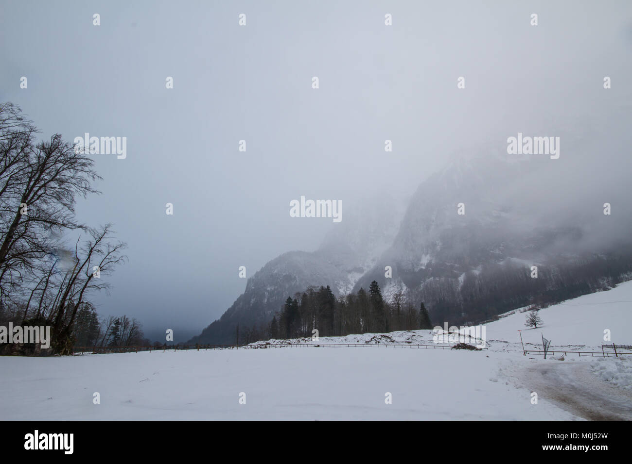 Montagne nella nebbia, il cantone di Glarona, inverno, la neve Foto Stock