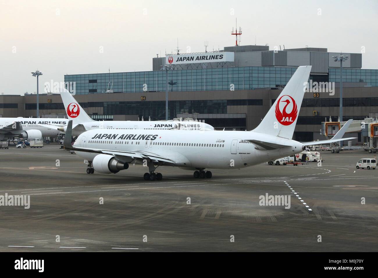 TOKYO, Giappone - 21 novembre 2016: Japan Airlines (JAL) Boeing 767 all'Aeroporto Narita di Tokyo. L'aeroporto è il secondo aeroporto più trafficato del Giappone (dopo H Foto Stock