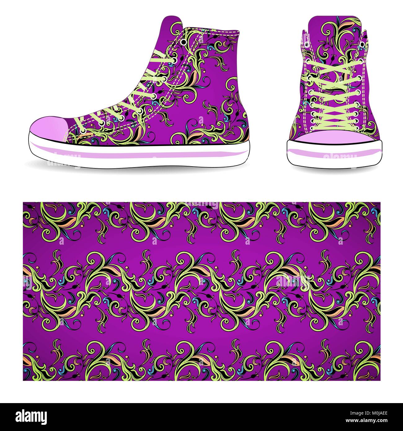 Sneakers con viola fiore seamless pattern, illustrazione di vettore isolato su sfondo bianco. Illustrazione Vettoriale