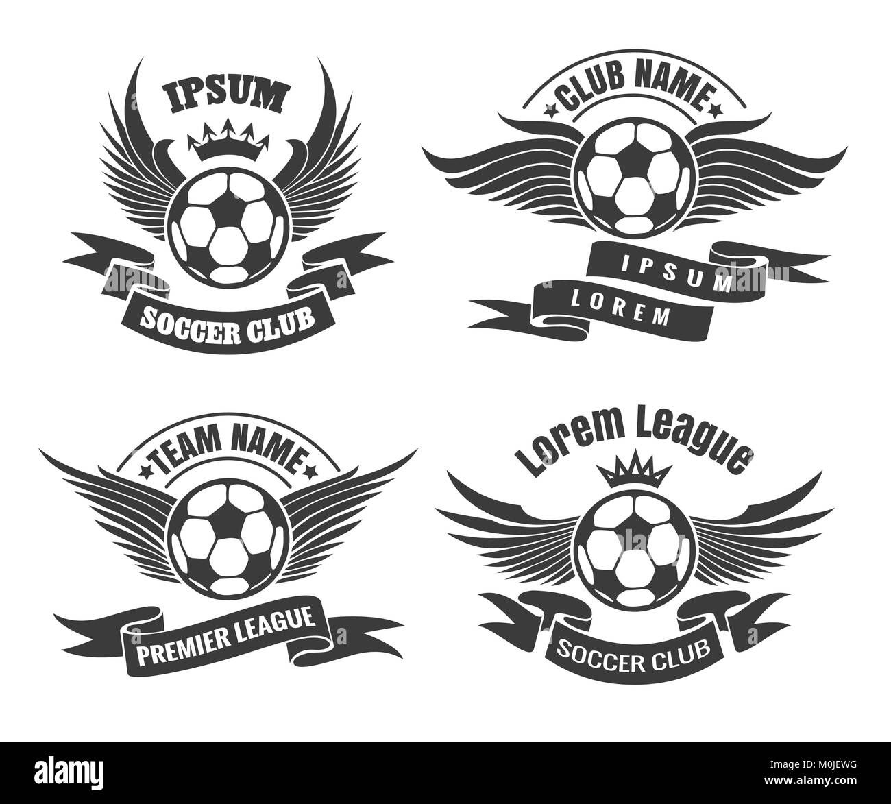 Set di Soccer Football Badge Design etichetta con sfere alato. Sport Team Identity isolati su sfondo bianco. Illustrazione Vettoriale. Illustrazione Vettoriale