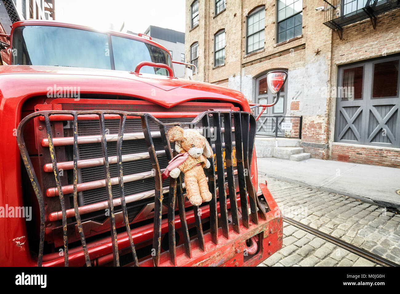 New York, Stati Uniti d'America - 24 Maggio 2017: mascotte di peluche fissato ad un paraurti carrello parcheggiato su una strada di Brooklyn Dumbo. Foto Stock