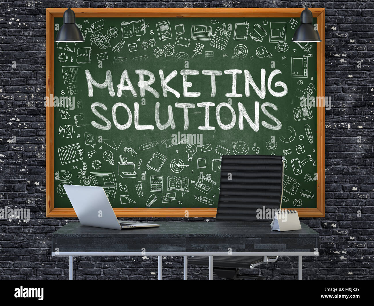 Soluzioni di marketing sulla lavagna con Doodle icone. 3d. Foto Stock