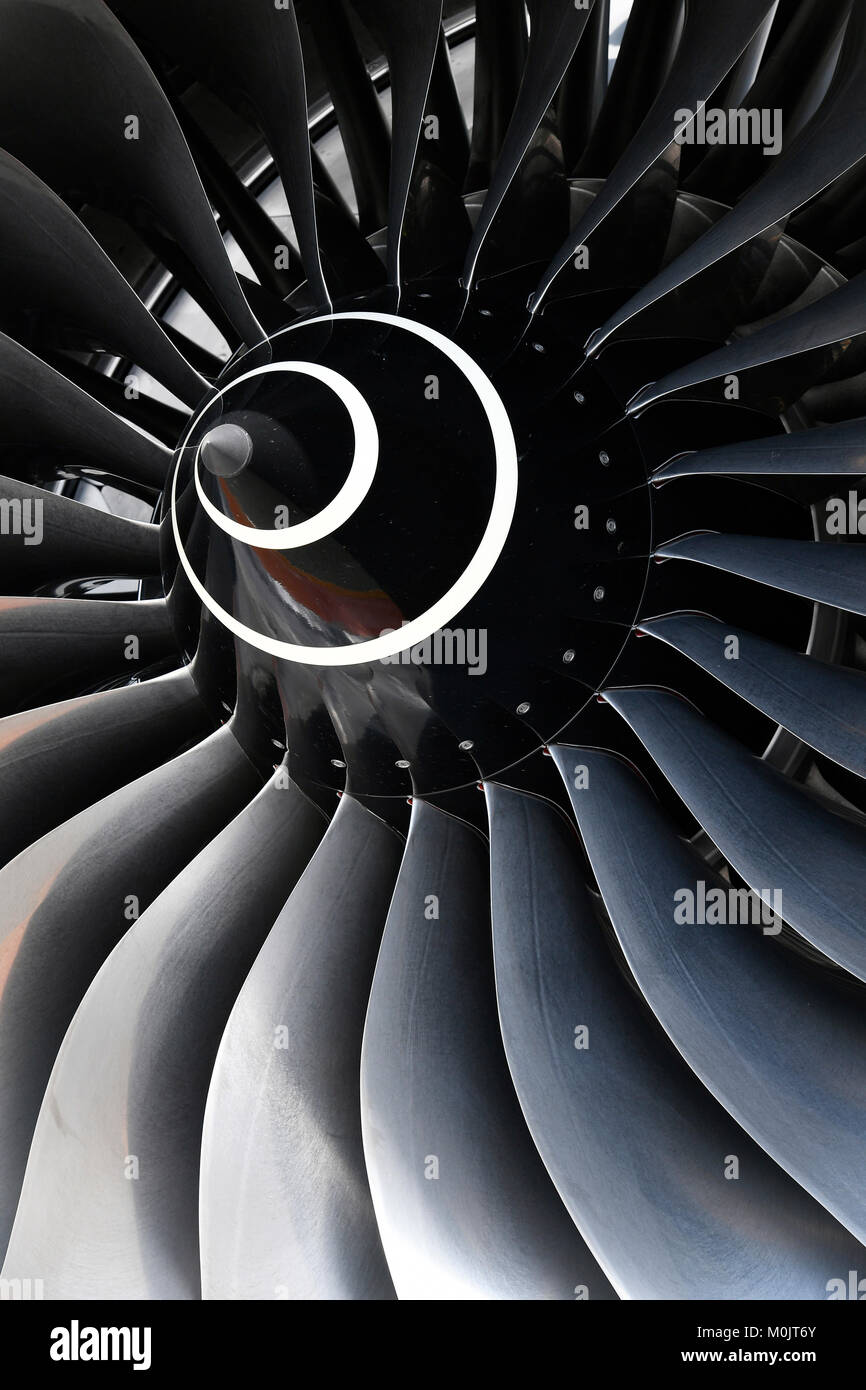 Lama della turbina, motore, Lufthansa Airbus A350-900, Aeroporto di Monaco di Baviera, Germania Foto Stock