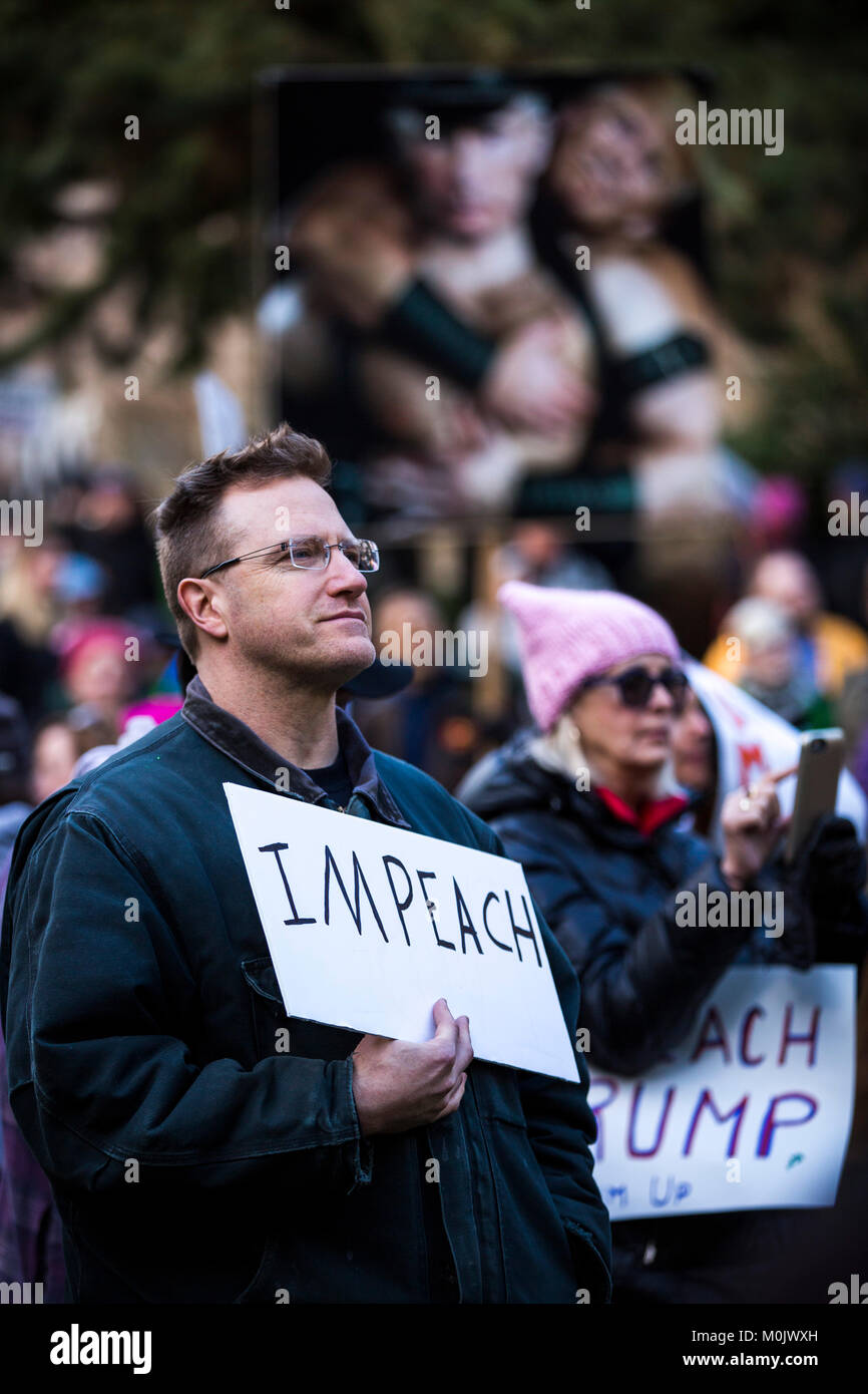 Zero Feeney di Portland proteste contro la U.S. Presidente Donald Trump in un rally su gennaio 20, 2018. Portland, Oregon, Stati Uniti. Foto Stock