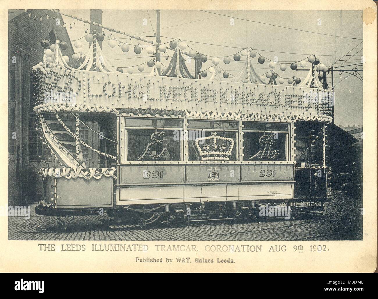 Foto del cabinet della Tramcar illuminata di Leeds per Coronation 9 agosto 1902 Foto Stock