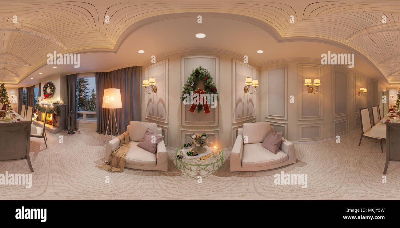 Natale interno con un camino. 3d illustrazione di un interior design in stile classico. Seamless 360 panorama Foto Stock
