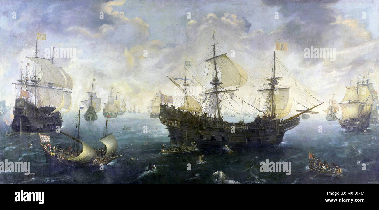La Armada spagnola off la costa inglese da Cornelis Claesz van Wieringen, olio su tela, c.1620-25 Foto Stock