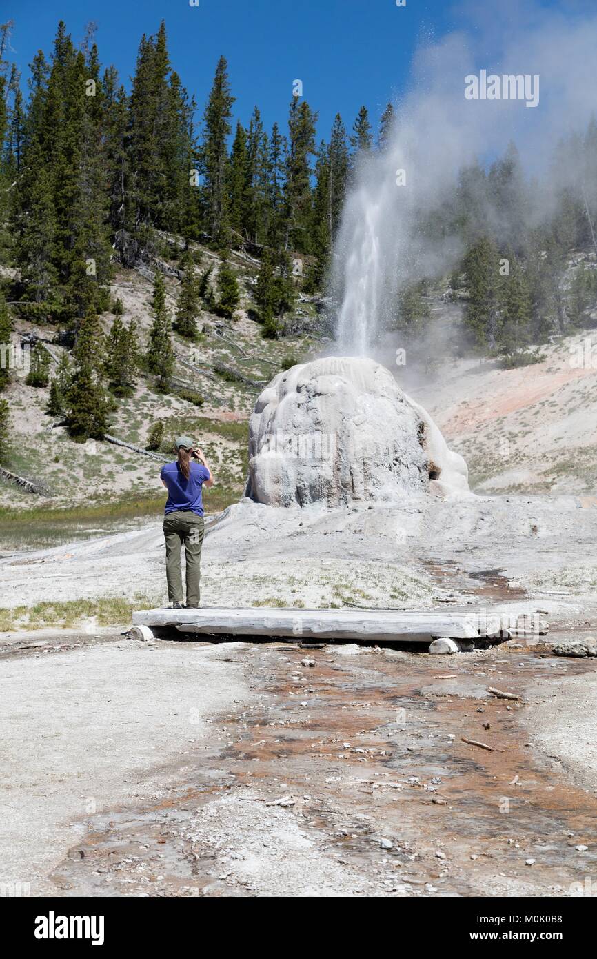 Un turista orologi il Lone Star Geyser eruttare nel Lone Star Geyser Basin presso il Parco Nazionale di Yellowstone Giugno 25, 2017 in Wyoming. Foto Stock