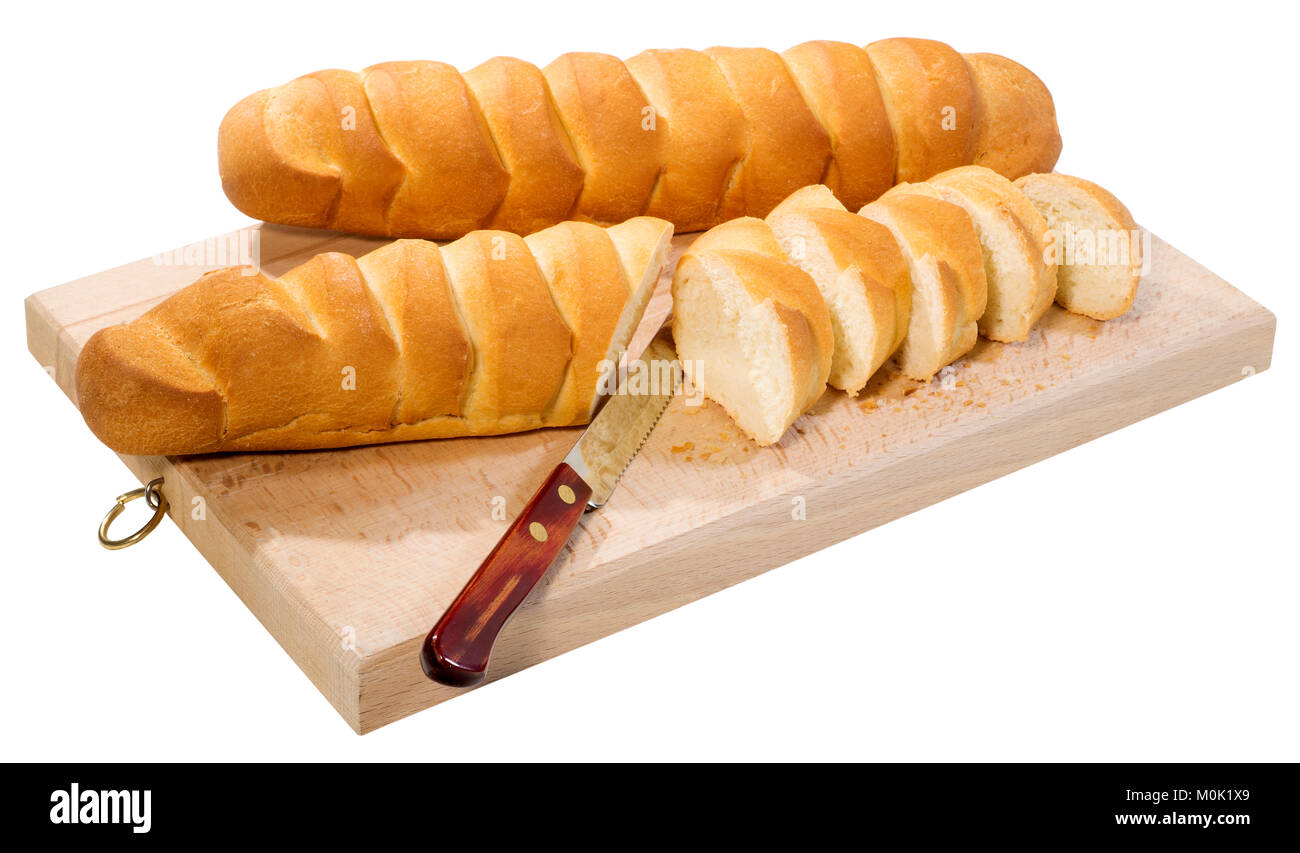 Baguette francese il pane su un tagliere Foto Stock