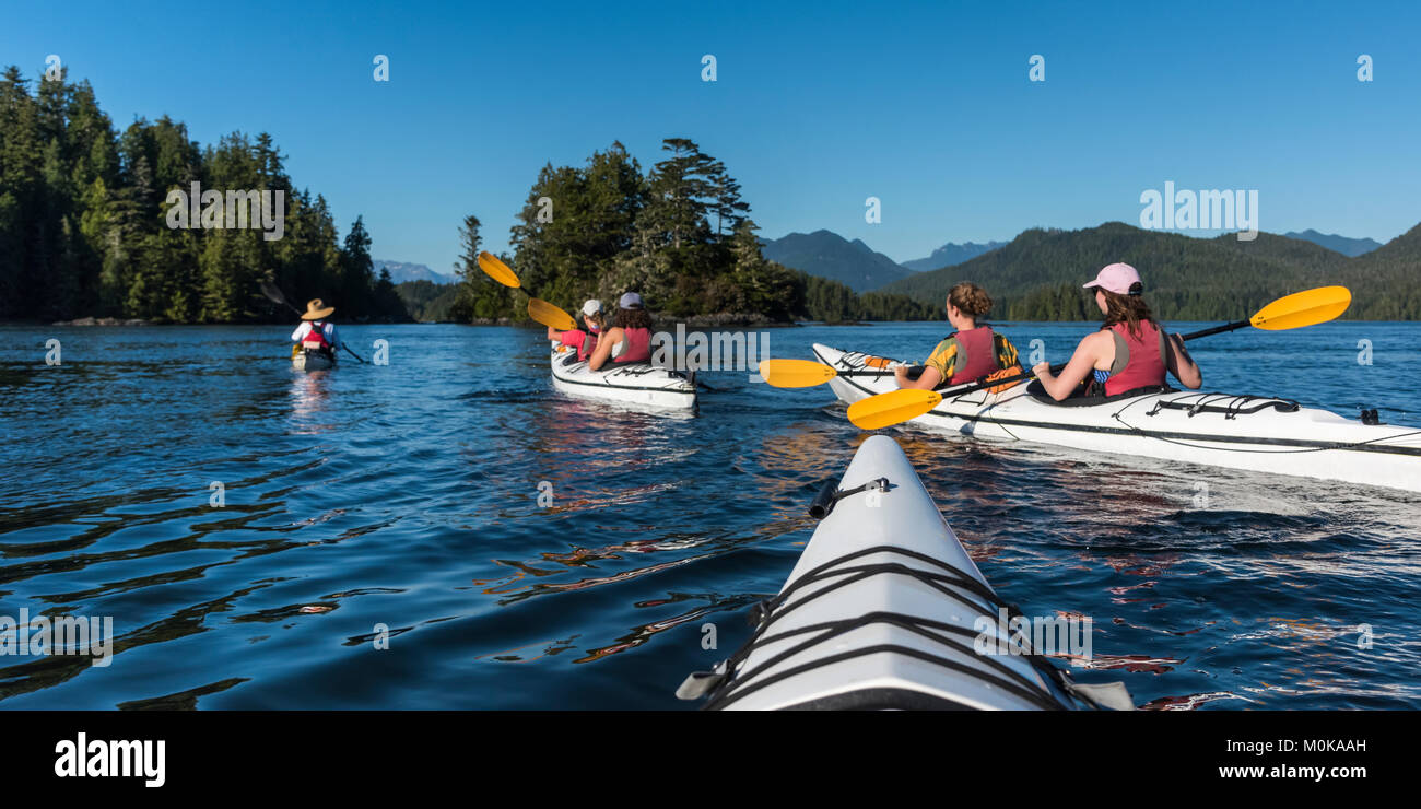Kayak a Clayoquot Sound, Vancouver Island; Tofino, British Columbia, Canada Foto Stock