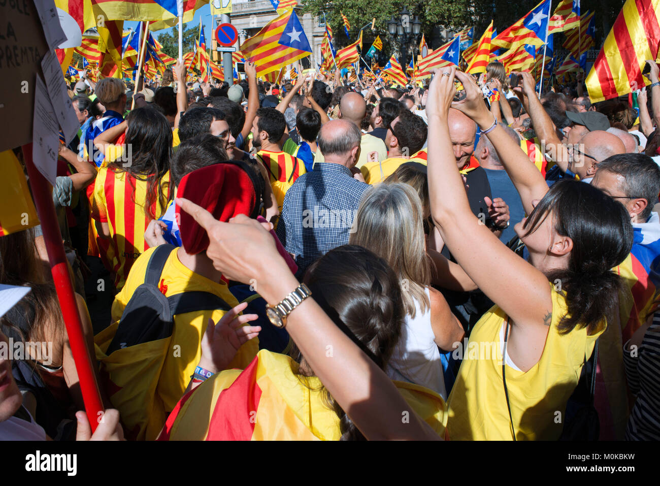 Un milione di Catalani marzo per l'indipendenza il 11 settembre 2017 nel centro di Barcellona, in Catalogna, Spagna Foto Stock