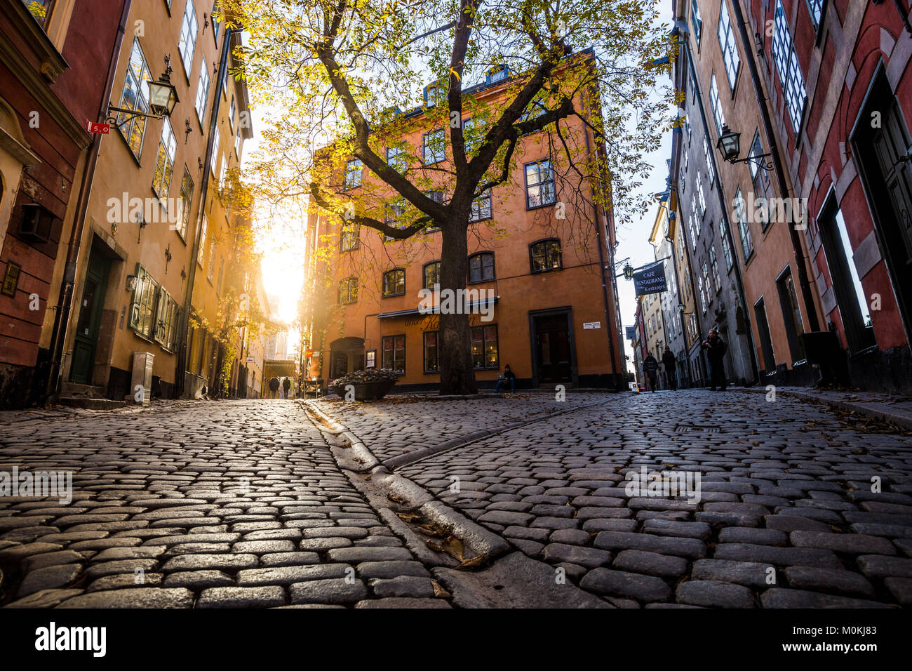 Suggestiva scena di strada con vecchie case colorate in beautiful Golden luce della sera al tramonto a Gamla Stan (la Città Vecchia) nel centro di Stoccolma. Svezia Foto Stock