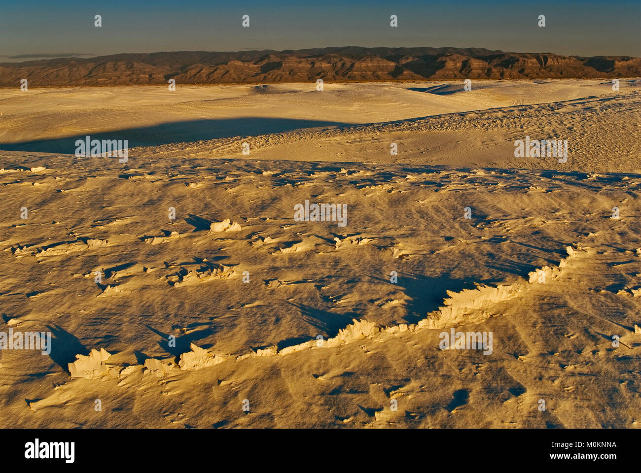 Crosta di sabbia cementata sulle dune nell'area di Alkali Flat Trail al tramonto nel White Sands National Park, New Mexico, Stati Uniti Foto Stock