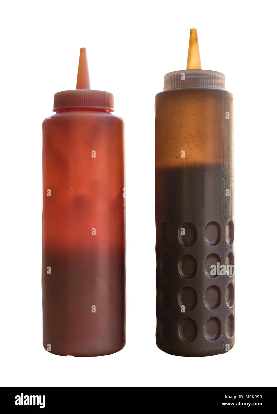 Una coppia di Squeezy bottiglie di ketchup e Salsa Bruna (scozzese Chippy salsa) Foto Stock