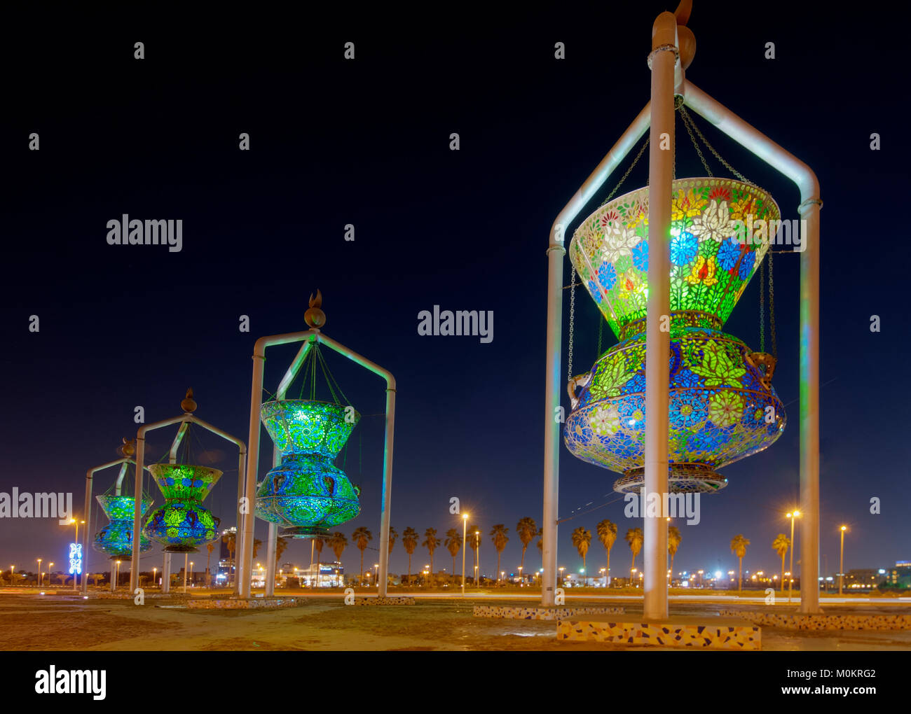 Jeddah landmark, antica scultura luci Foto Stock
