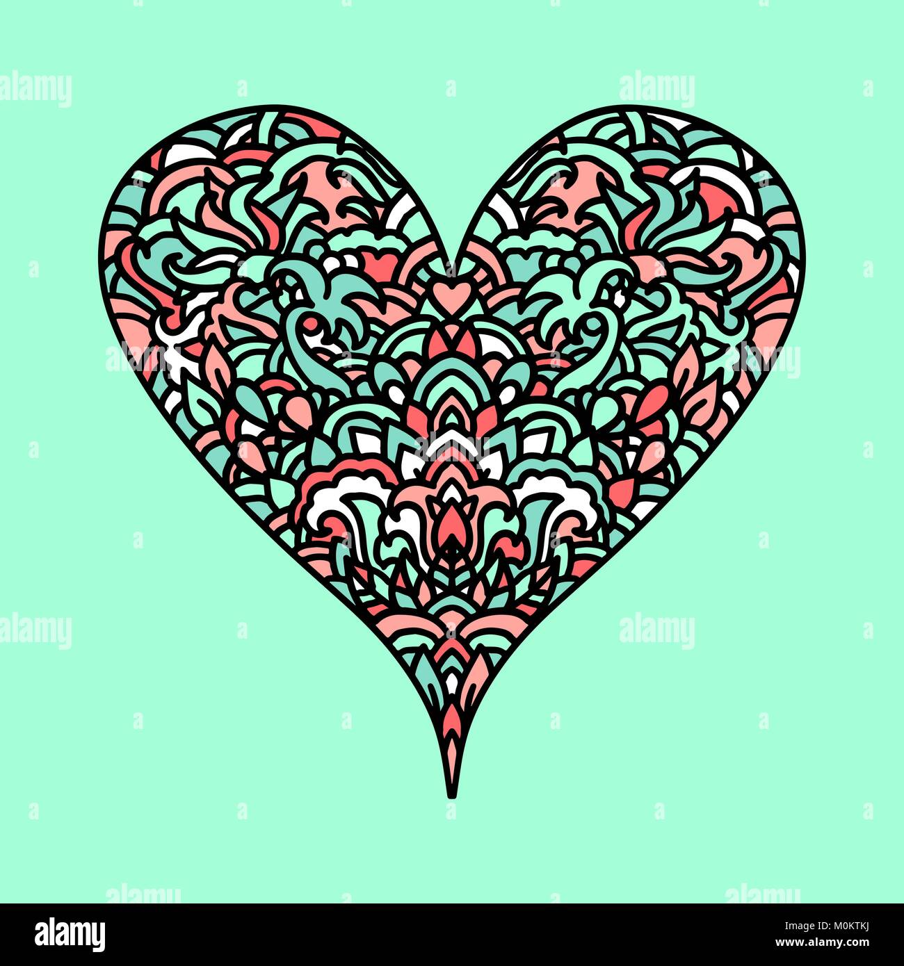 Zentangle Handdrawn cuore. Mandala stile design per San Valentino carte. Libro da colorare pattern. Vector doodle illustrazione. Illustrazione Vettoriale