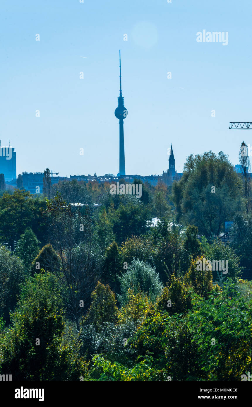 Lo Skyline di Berlino e collezione autunno alberi, preso da Prenzlauer Berg bridge nel noth Foto Stock