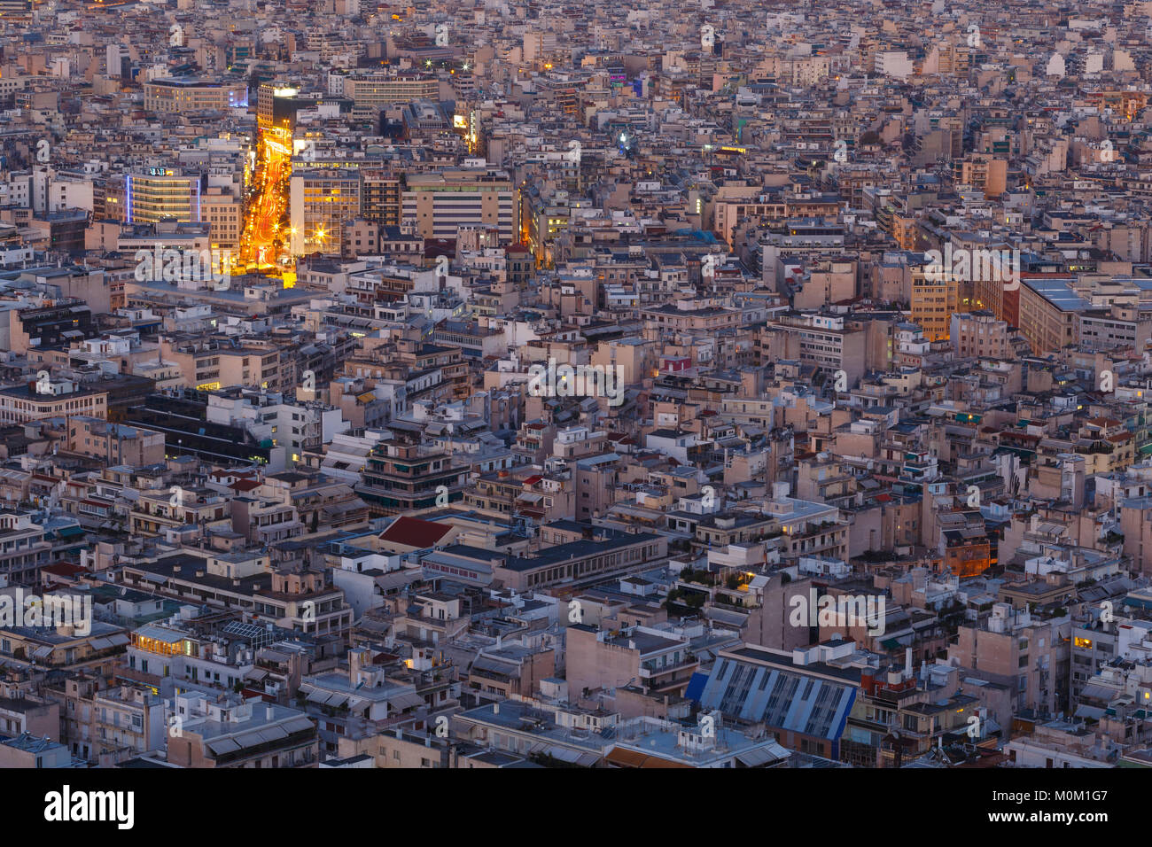 Vista di Atene dal Colle Lycabettus all'alba, Grecia. Foto Stock