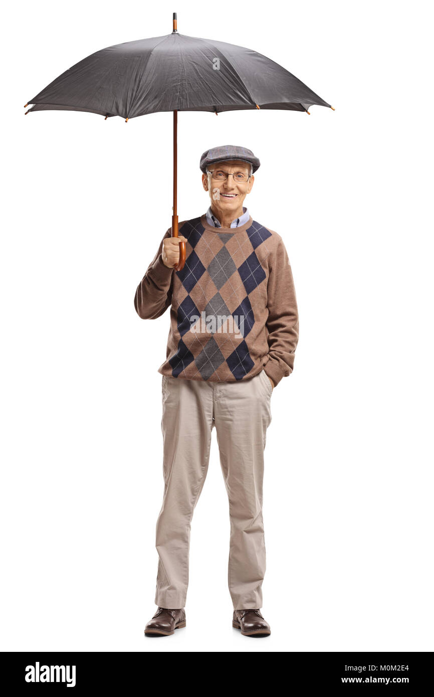 A piena lunghezza Ritratto di un senior con ombrello isolati su sfondo bianco Foto Stock