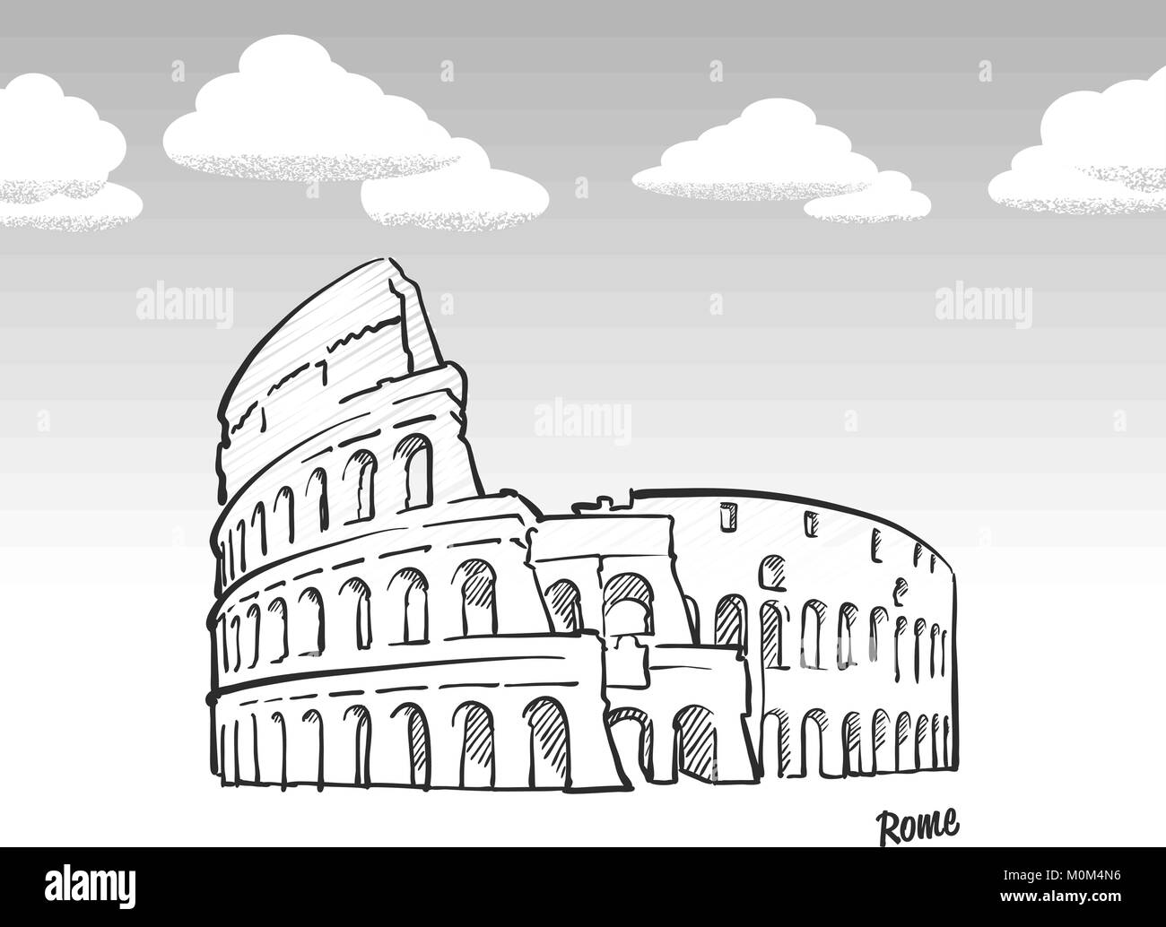 Roma, Italia famoso sketch. Lineart disegno a mano. Biglietto di auguri icona con titolo, illustrazione vettoriale Illustrazione Vettoriale