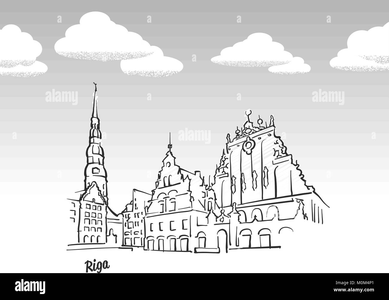 Riga, Lettonia famoso sketch. Lineart disegno a mano. Biglietto di auguri icona con titolo, illustrazione vettoriale Illustrazione Vettoriale