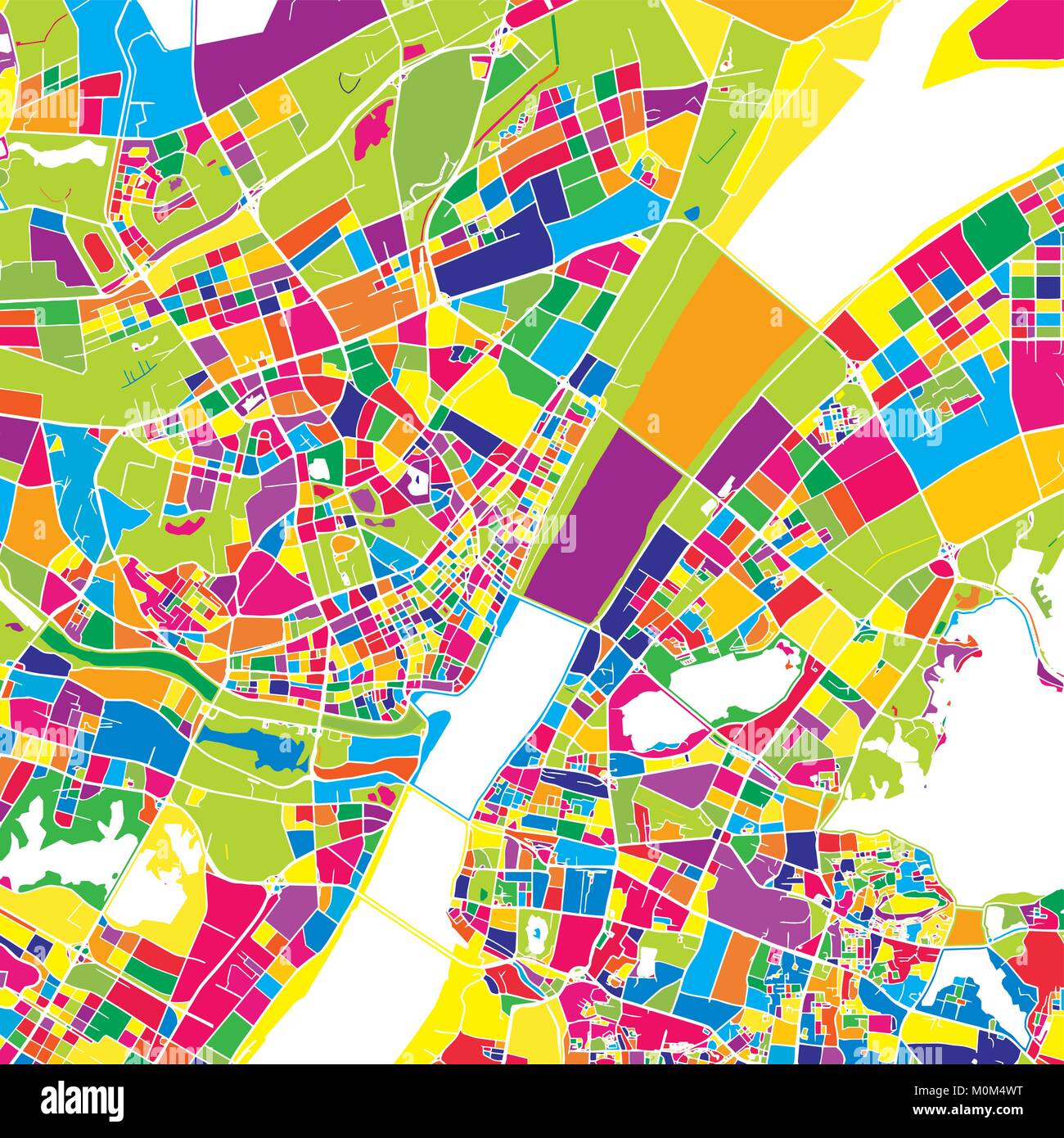 Wuhan, Cina, colorata mappa vettoriale. Strade bianche, ferrovie e acqua. Colore luminoso punto di riferimento forme. Stampa di arte pattern. Illustrazione Vettoriale