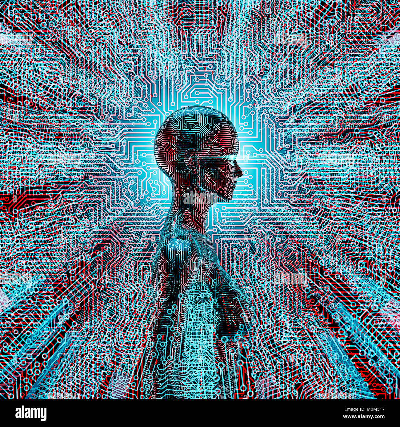 Intelligenza artificiale profilo / 3D illustrazione della IA femmina al centro della scheda di circuito di linee Foto Stock