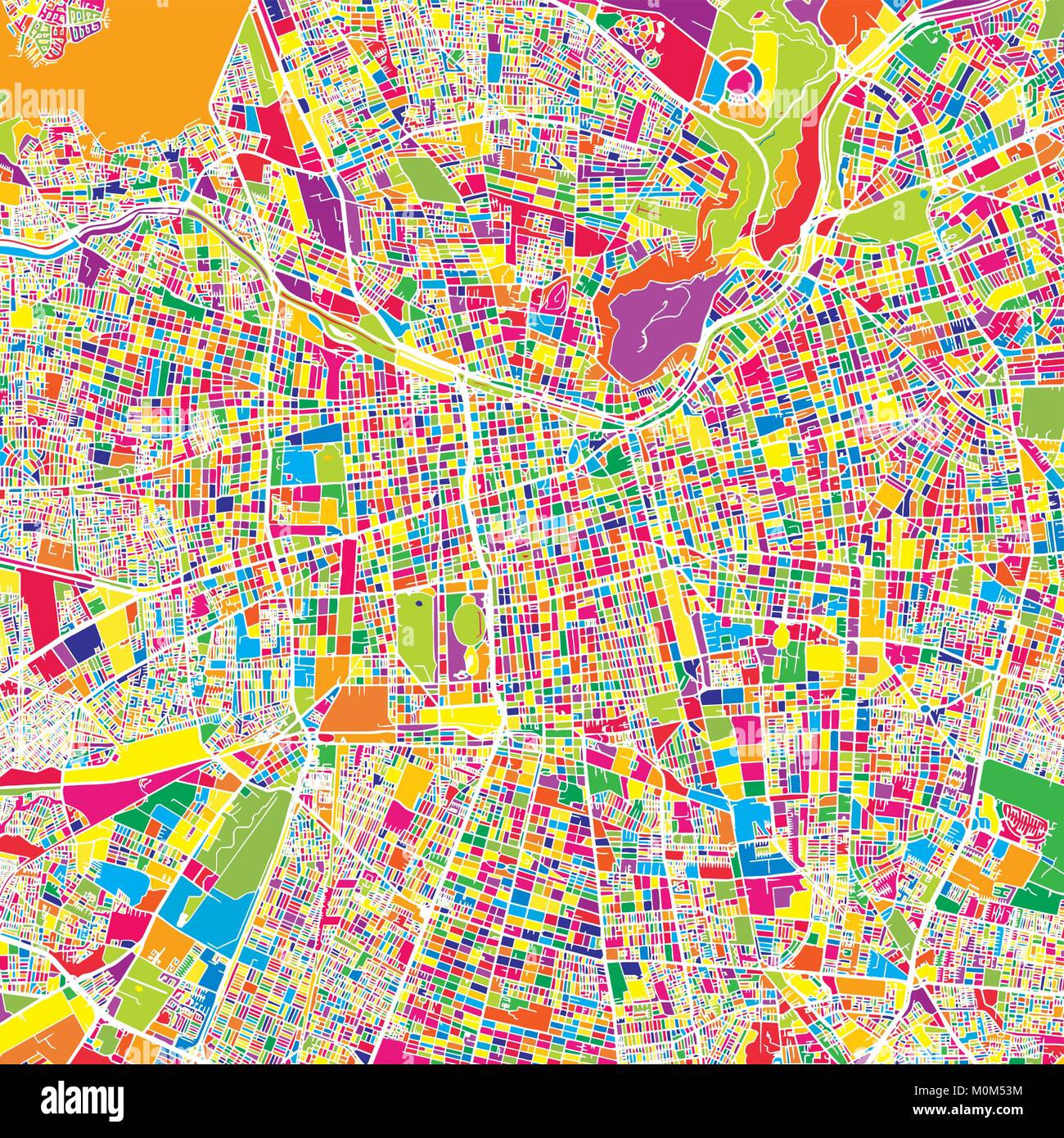 Santiago del Cile, colorata mappa vettoriale. Strade bianche, ferrovie e acqua. Colore luminoso punto di riferimento forme. Stampa di arte pattern. Illustrazione Vettoriale