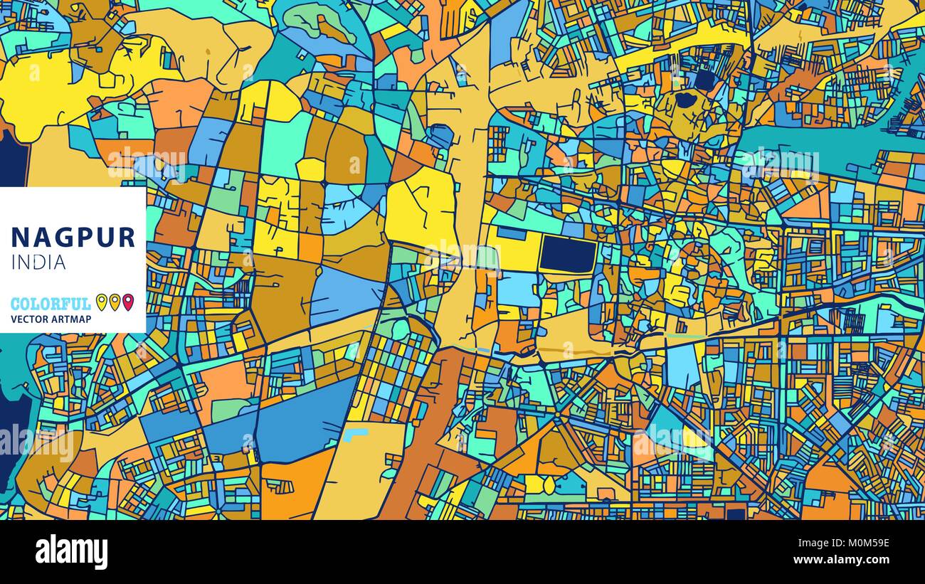 Nagpur, India, colorati Artmap vettore. Blue-Orange-versione gialla per il sito Web Infografico parete, arte e biglietto di auguri sfondi. Illustrazione Vettoriale