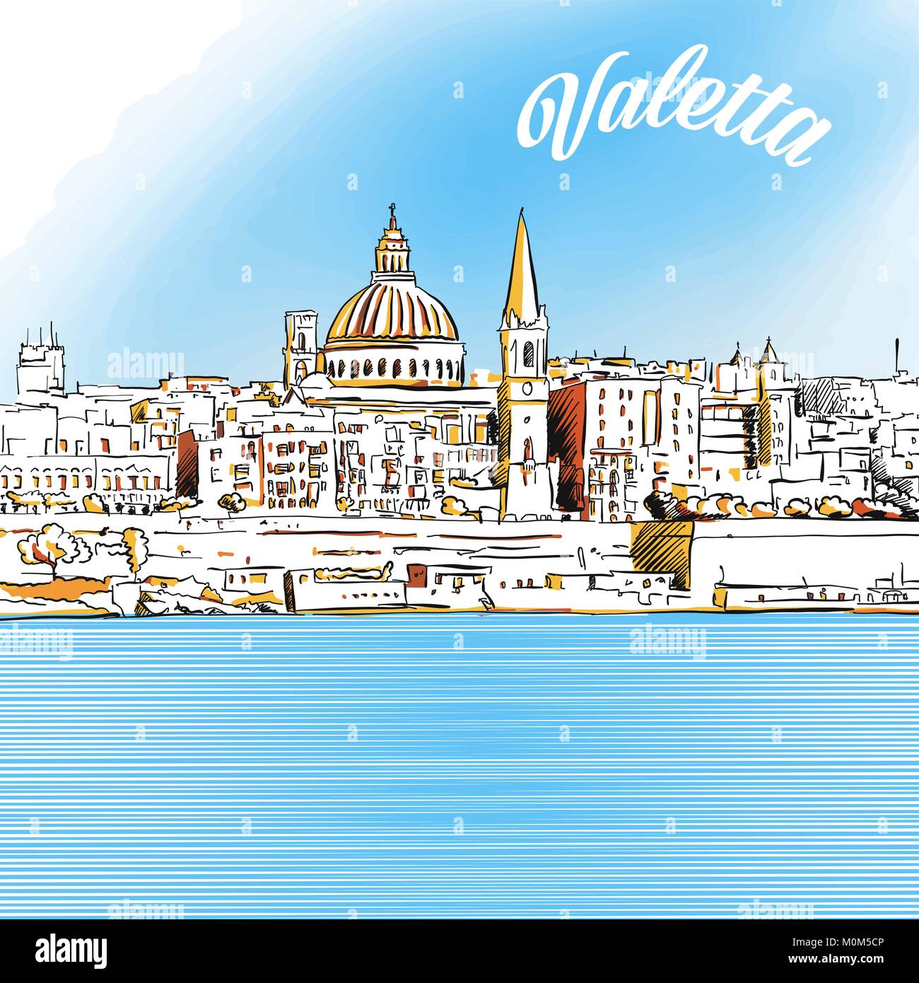 Schizzo colorati di Valletta, Malta. Disegnata a mano illustrazione vettoriale con moderni Headline. Utilizzare per il biglietto di auguri e travel marketing. Illustrazione Vettoriale