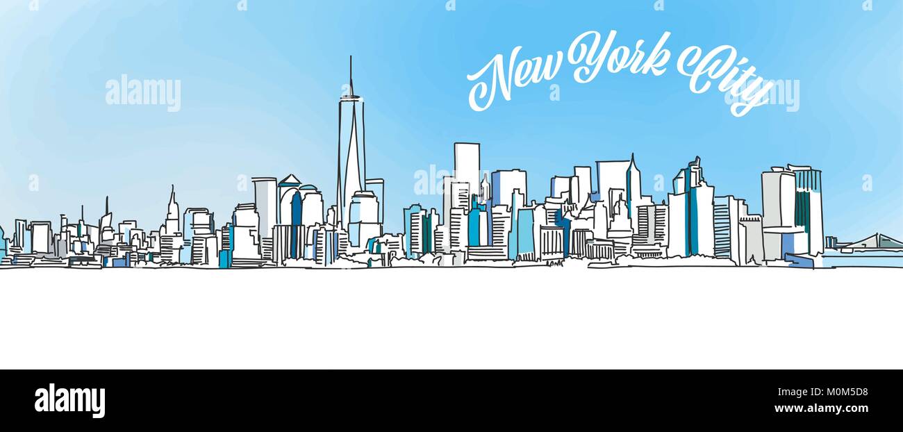 Schizzo di New York skyline della citta'. Disegnata a mano illustrazione vettoriale con moderni Headline. Utilizzare per il biglietto di auguri e travel marketing. Illustrazione Vettoriale