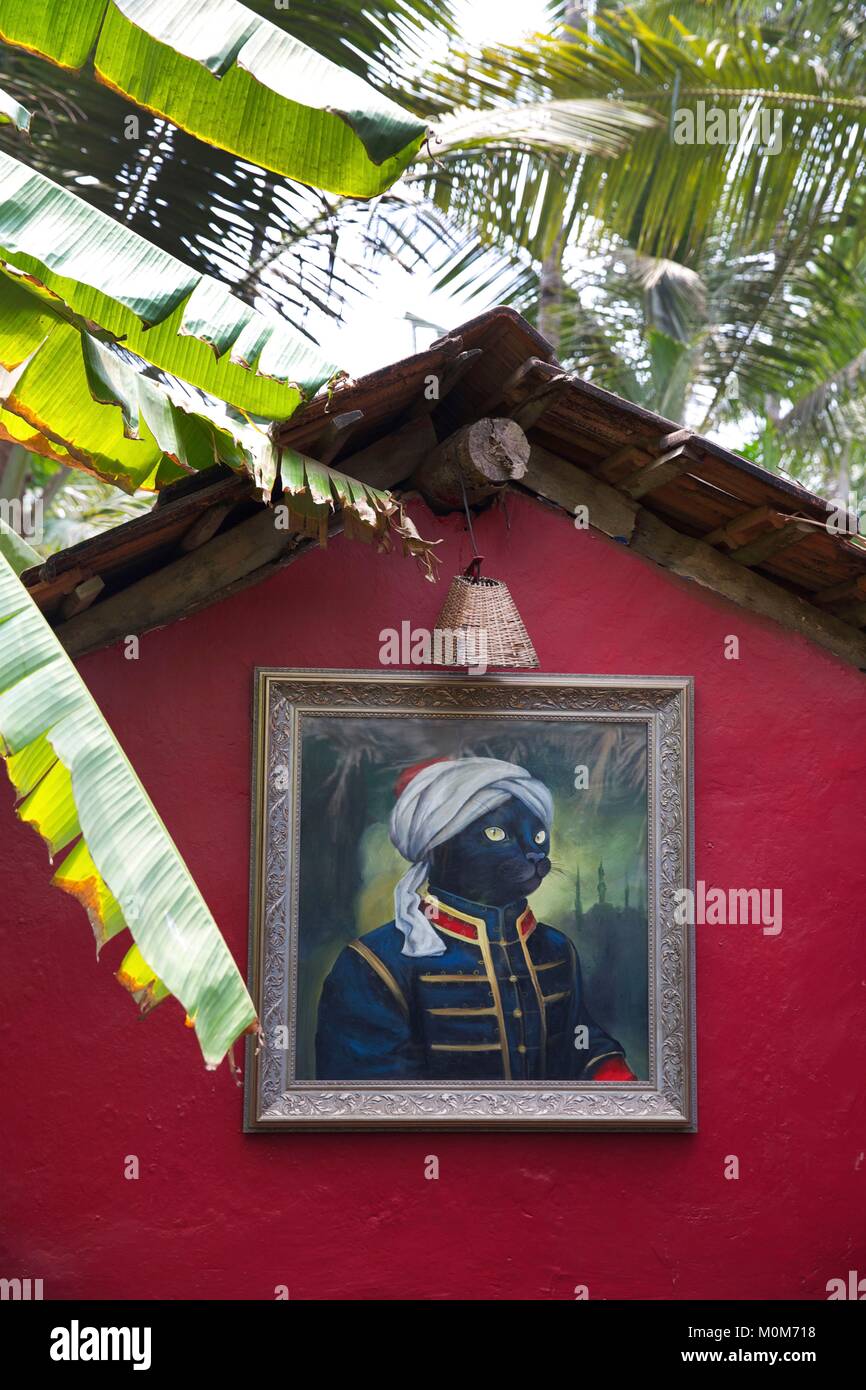 L'India,Goa,Morjim beach,pittura cat ritratto in una parete rossa del ristorante in spiaggia la Plage Foto Stock